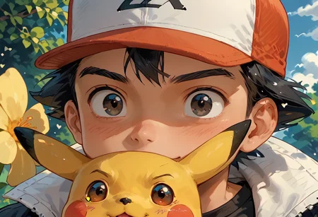 score_9,score_8_up,score_7_up,1boy,flower,<lora:Ash1:0.8>,ash3,1boy,black hair,black eyes. hat,baseball cap,jacket,shirt,black shirt,<lora:Pet_Photobombing__Aro:0.8>,animalclose-up,pikachu,happy,<lora:Storybook_V1.1:0.8>,sbfte,cute,