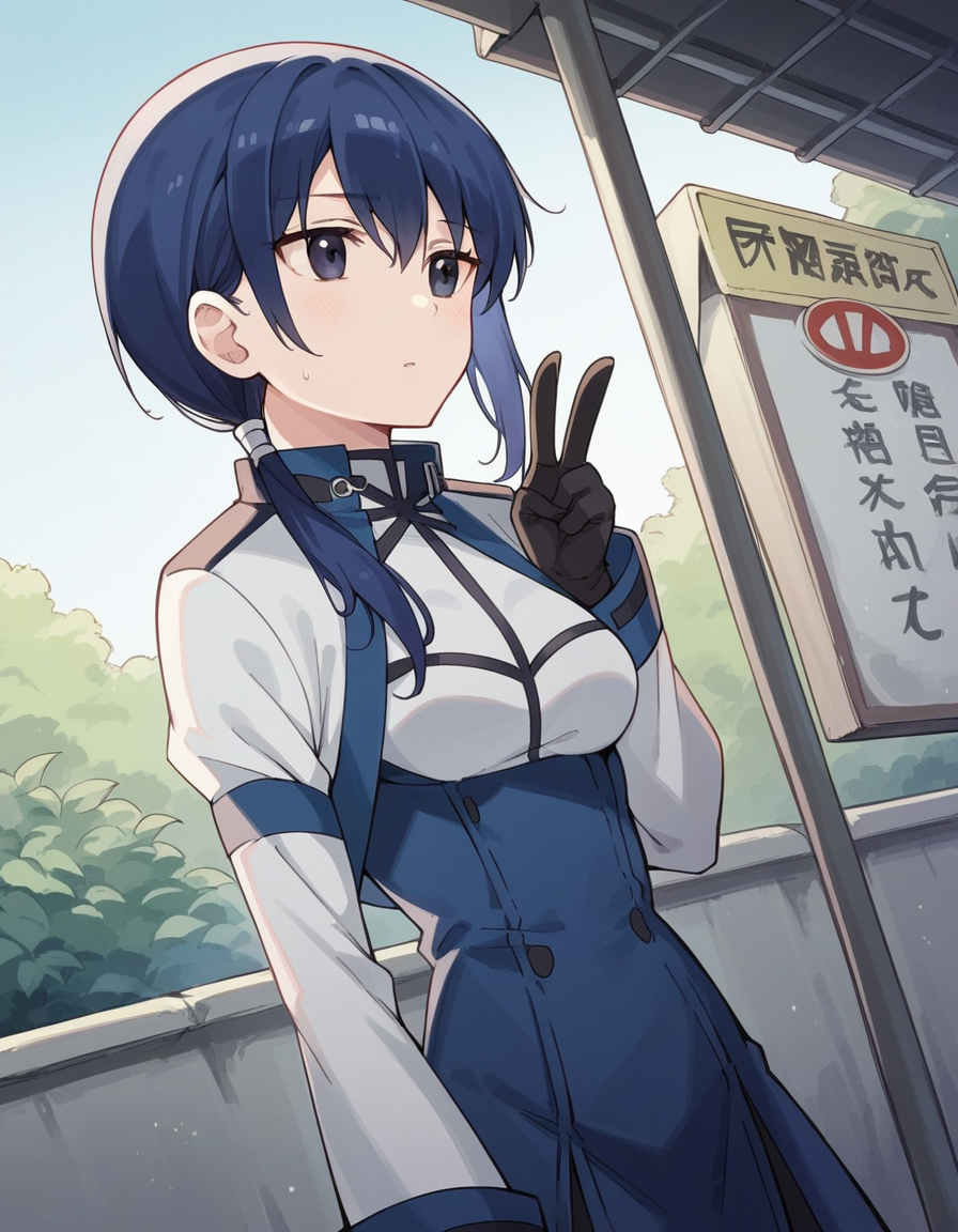 score_9, score_8_up, score_7_up, source_anime, <lora:grimgar-merry-s1-ponyxl-lora-nochekaiser:1>, merry, short hair, blue hair, black eyes, ponytail, low ponytail, side locks, medium breasts, gloves, pantyhose, uniform, long sleeves, white uniform, blue uniform,, bus stop, waiting, commuter, smartphone, checking time, cold morning, , , v,, solo,, cowboy shot, dutch angle