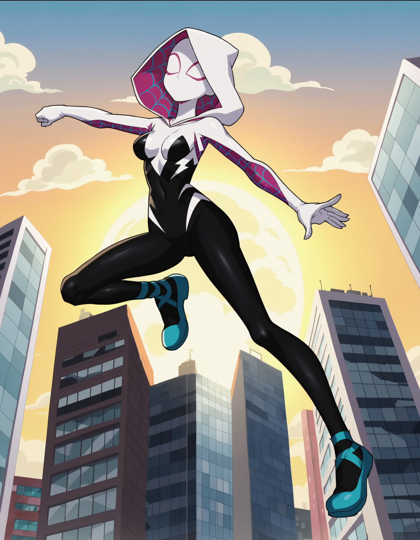 score_9, score_8_up, score_7_up, BREAK
 (anime screencap:1.5), Spider-Gwen, Gwen Stacy, white and pink Spider suit, swinging through the city, skyscrapers and buildings around her, dynamic mid-air pose, vibrant and colorful sky, wind flowing through her hood and suit, 2d anime style, intricate details in her suit and the city, energetic and action-packed atmosphere, depth of field, volumetric lighting, high dynamic range, sense of motion and excitement