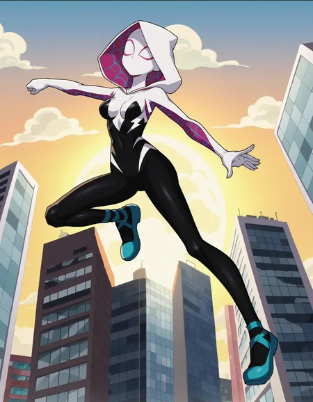 score_9, score_8_up, score_7_up, BREAK
(anime screencap:1.5), Spider-Gwen, Gwen Stacy, white and pink Spider suit, swinging through the city, skyscrapers and buildings around her, dynamic mid-air pose, vibrant and colorful sky, wind flowing through her hood and suit, 2d anime style, intricate details in her suit and the city, energetic and action-packed atmosphere, depth of field, volumetric lighting, high dynamic range, sense of motion and excitement