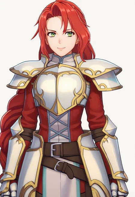 score_9, score_8_up, score_7_up, source_anime, BREAK 1girl, smile, <lora:zs_EngagePortraitsXL:1> engageportraits, portrait, white background, <lora:fetitania-pdxl-nvwls-v1:1> defTitania, red hair, green eyes, braided ponytail, armor, shoulder armor, red coat, gauntlets, belt, pelvic curtain
