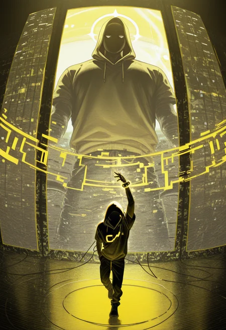 <lora:Layout1_IL:0.7> layout1, masterpiece, best quality, amazing quality, very aesthetic, absurdres, newest, lines, screen, glitch, huge speaker at the center, ring of neon light, sound wave, sound lines, masterpiece, best quality, pose, dynamic angle, dynamic shot, 1boy, solo, (mature:1.2), hood, short sleeve, hoodie, black face, poster art, abstract, collage, (random textures, glitch effect:1.2), yellow and black color palette, soft lighting, limited palette, (glitch:1.4), gltich background, male, 2.5D,  <lora:ChamIllustriousBackgroundEnhancer:1>