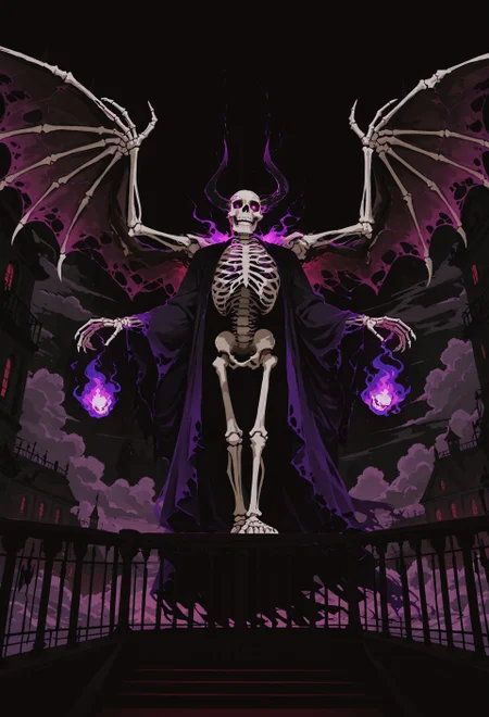 content_safe, safe_pos, score_9, score_8_up, score_7_up,
High Quality, Solo
Male, Muscular male, Zombie Lich Overlord(skeleton face), large skeletal bat wings, Tattered robes, magical energy, flaming eyes, dark energy
standing on the edge of a large balcony
Large imposing tower, evil architecture, high up in the clouds
Shot from behind, high shot, black background, blending, blocky, painterly, ICJournals