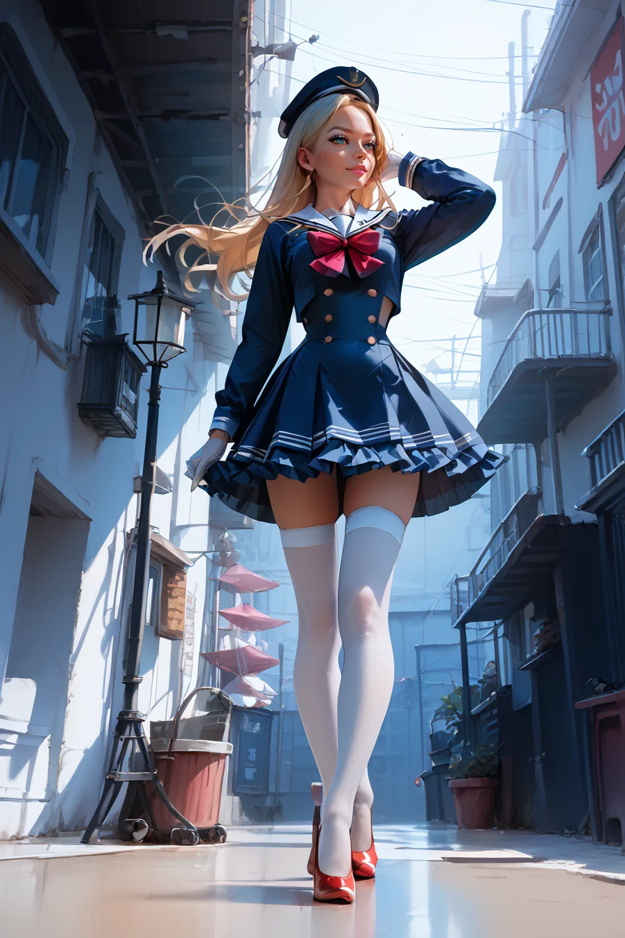 1woman, sexy, petite, skinny legs, long hair, blonde hair, <lora:Sailor:1> Jed-Salr, Navy Blue Mini Dress, White Trim, White Sailor Collar, Nautical Stripes, White Thigh-High Stockings, Red Heels, Sailor Hat, White Gloves, Sailor Cuffs, White Petticoat, walking on a coastline, viewer looking from below, upskirt,, score_9, score_8_up, score_7_up, score_6_up, score_5_up, score_4_up, <lora:K040790P:0.4> 040790P, woman, 24 years old, <lora:Breast Slider - Pony_alpha1.0_rank4_noxattn_last:1>, (tiny waist, flat stomach, narrow hips), <lora:Aesthetics_Enhancer_pony:0.8> EnhanceImage