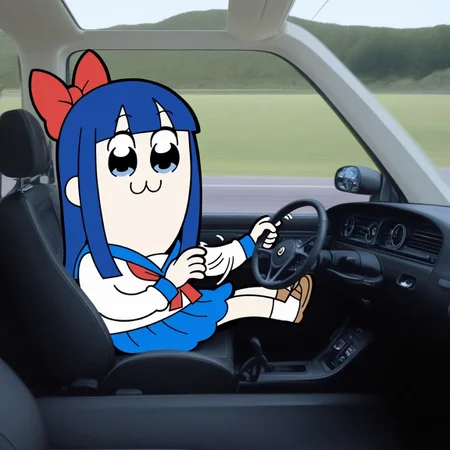bkub, pipimi, poptepipic, blue hair, bow, :3, full body,  serafuku, dr1v3, car interior, driving, sitting, solo, from side, car, [[photo background]], racing, race, track, white socks, shigeno shuuichi, parody, initial d, drifting, holding steering wheel, motion lines, afterimage, looking at viewer