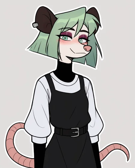 score_9_up, score_8_up, score_7_up, score_6_up, by remanedur, half-length portrait, small breasts, green hair, possum, black turtleneck, green eyes, eyeshadow, female, looking at viewer, tail, dress, blush, solo, ear piercing, short hair, smile, black footwear, belt, three-quarter view, head tilt, simple background, white outline, <lora:Leah_Pines(AIM)_XL_v1:0.15> <lora:PDXL_artist_tags_v2_big:0.5> <lora:The-Minuscule-Task_PDXL_v1.0:0.6> <lora:Nova_Nightingale_jopitr:0.75>