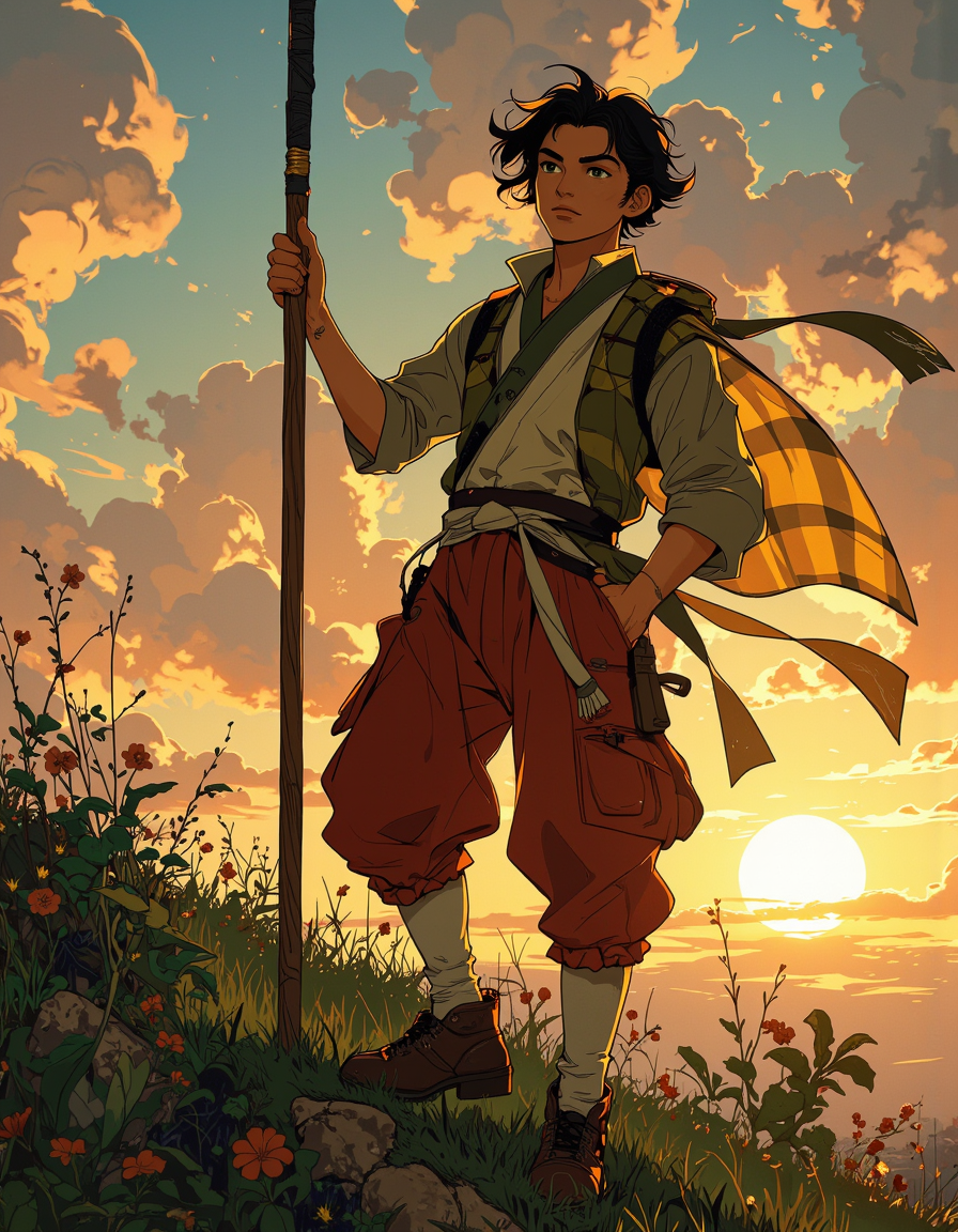 Anime style. This is a digital illustration depicting a young, male anime character standing on a grassy hillside at sunset. The character is of Asian descent, with dark hair that is windswept, suggesting movement. He is dressed in a traditional Japanese outfit, specifically a hanten coat, which is a short, sleeveless jacket in a checkered pattern of green, yellow, and brown. The hanten is tied at the waist with a white belt. He also wears a pair of baggy, red pants that are tucked into white, ankle-high socks, and brown, sturdy shoes. His left hand holds a long, wooden staff, while his right hand is empty, resting on his hip. The character's expression is one of determination, with his head tilted slightly upward and eyes looking towards the horizon.
The background features a dramatic, golden sunset with a mix of scattered clouds and rays of light casting a warm glow over the scene. The grassy hillside is dotted with wildflowers, adding a touch of natural beauty to the composition. The overall style of the illustration is realistic with a touch of anime influence, capturing the essence of traditional Japanese attire and the serene yet intense atmosphere of the moment.