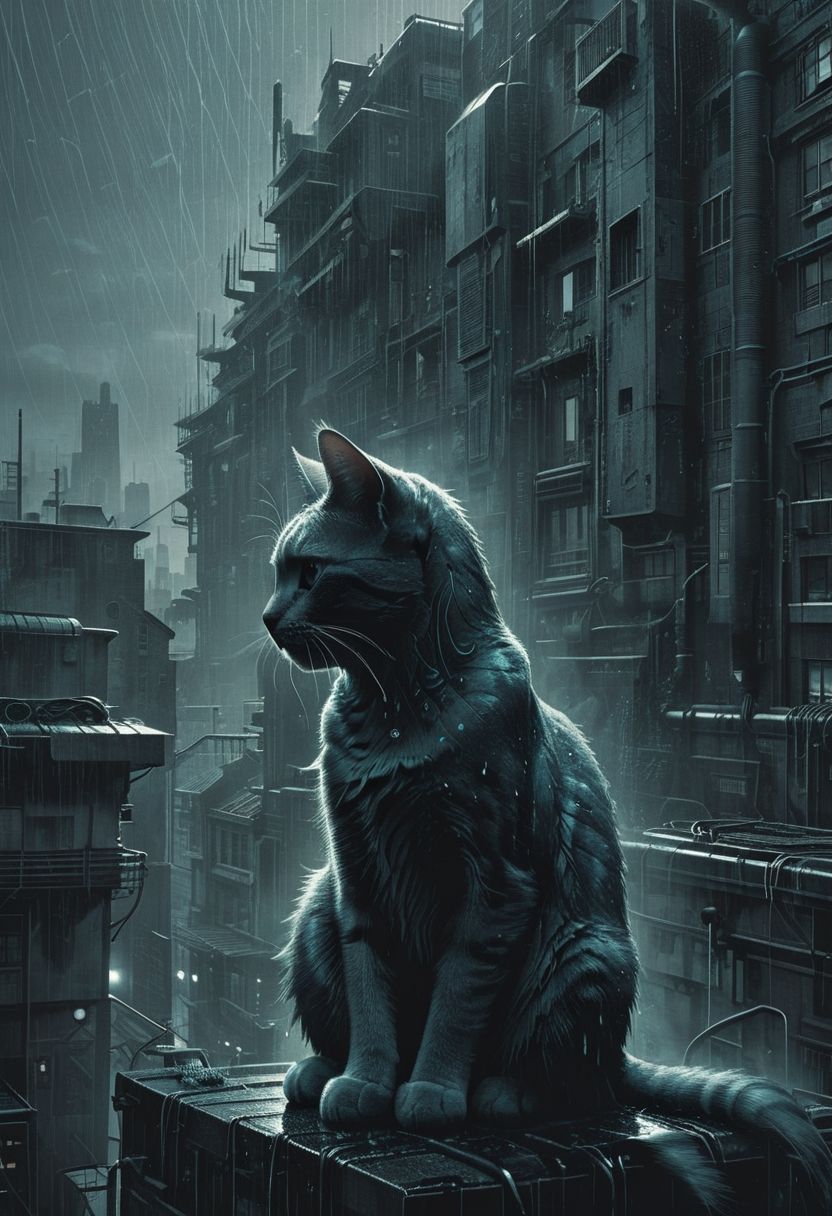 Cyan Cat's rain, rooftop, white, tired, (scars:1.2), detailed, atmospheric, illusion, a (sad song,:1.1) dystopian city, moody,   <lora:Dark_Anime:0.3> <lora:- SDXL - letitflrsh_let_it_flourish_V1.0:0.2> <lora:The_Dark_Side_Of_The_Future:0.1>