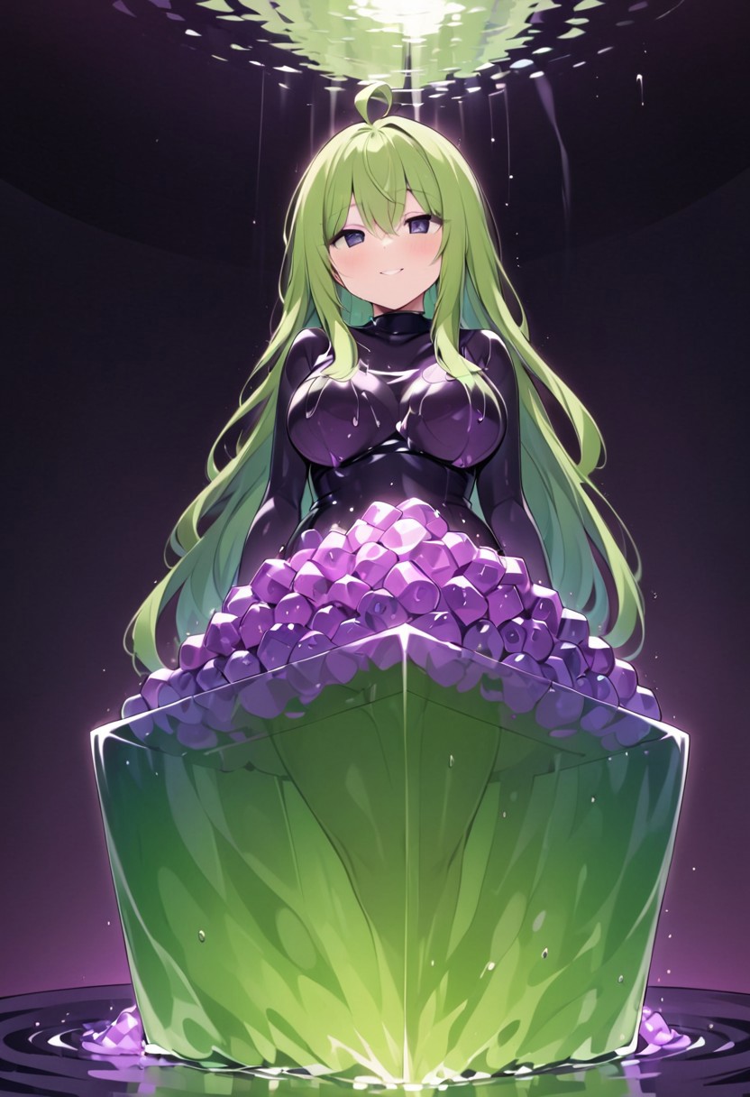 (masterpiece), (score_9, score_8_up, score_7_up,source_anime), 4K8K, best quality, high res image, illustration, Uncorrected, CG, 
(girl view from below. look-up angle:1.3), from side, 
1 woman sitting on a giant grape slime, pretty slime sex, (lot of grape cubes around woman), (hair over breasts, long hair, hair censor:1.4), twinkle grape cube, 
slime, slime like a grape, grape slime, see-through violet slime, 
BREAK
medium breasts, 
(gradient hair, green hair, very long hair, Bangs covered eyes, ahoge, hair over breasts, hair censor), 
(hair blind eyes, half opened eyes, jitome, smile), 
wearing tube top, cube, 
in orchard, fruit orchard, fruits trees,