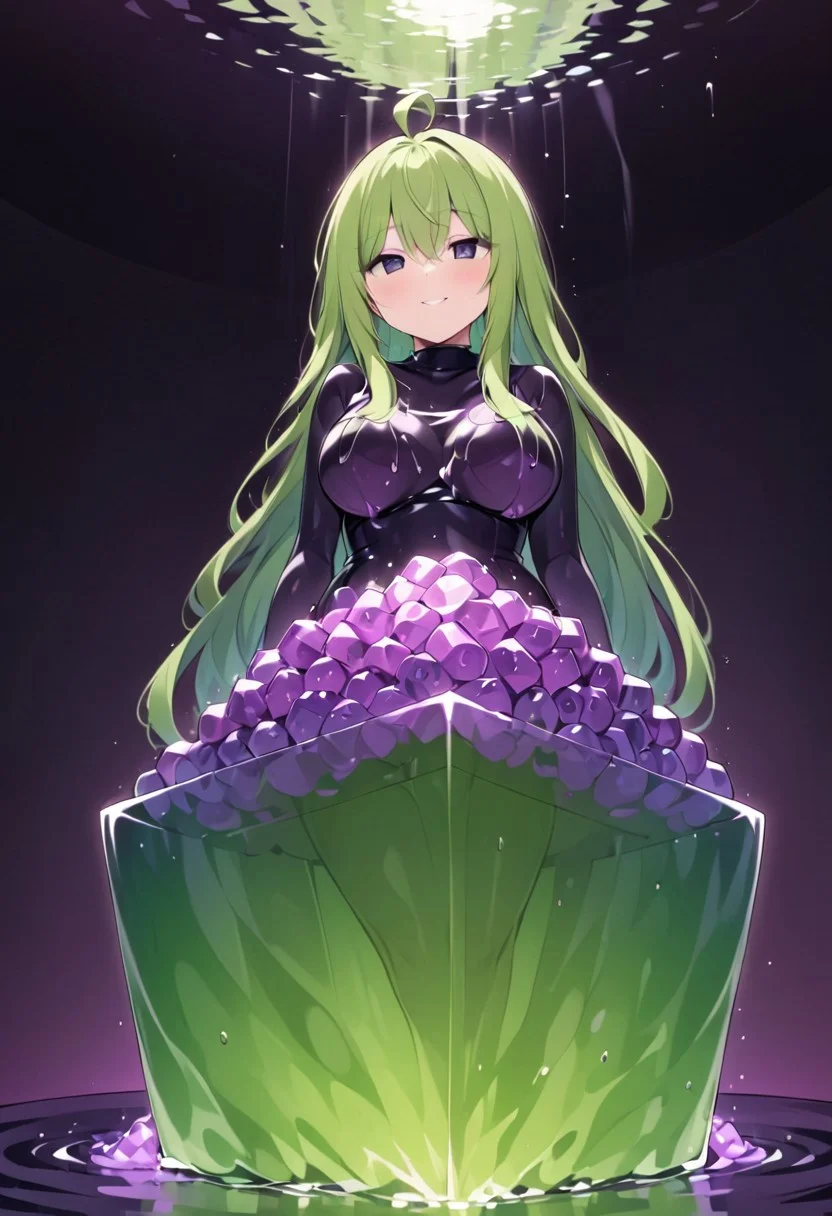 (masterpiece), (score_9, score_8_up, score_7_up,source_anime), 4K8K, best quality, high res image, illustration, Uncorrected, CG,
(girl view from below. look-up angle:1.3), from side,
1 woman sitting on a giant grape slime, pretty slime sex, (lot of grape cubes around woman), (hair over breasts, long hair, hair censor:1.4), twinkle grape cube,
slime, slime like a grape, grape slime, see-through violet slime,
BREAK
medium breasts,
(gradient hair, green hair, very long hair, Bangs covered eyes, ahoge, hair over breasts, hair censor),
(hair blind eyes, half opened eyes, jitome, smile),
wearing tube top, cube,
in orchard, fruit orchard, fruits trees,