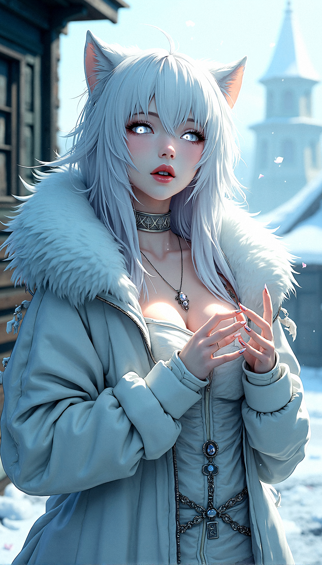 A stunning anime like figure of a voluptuous white haired woman, gothic fashion , large breast, alluring figure  with subtle glowing white eyes with slit pupils, moist pink lips, fangs, sharp long fingernails,  wearing a fluffy white wolf hooded jacket with long sleeves and her sleeves are past wrist,  wearing beautiful necklace, soft lighting, realistic and delicate facial features, fallen snowpetal,  photorealistic rendering. Natural light interplay on skin,Photorealistic shadow softness, Lifelike hair gloss , Photorealistic color grading, An abandoned watchtower, its structure groaning under the weight of the ice and snow.A cluster of old, weathered wooden cabins, their roofs and walls thick with snow and ice.She extends one arm upward, her gaze following it with an expression of longing or hope.
































