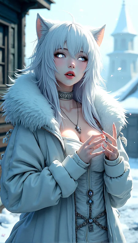 A stunning anime like figure of a voluptuous white haired woman, gothic fashion , large breast, alluring figure with subtle glowing white eyes with slit pupils, moist pink lips, fangs, sharp long fingernails, wearing a fluffy white wolf hooded jacket with long sleeves and her sleeves are past wrist, wearing beautiful necklace, soft lighting, realistic and delicate facial features, fallen snowpetal, photorealistic rendering. Natural light interplay on skin,Photorealistic shadow softness, Lifelike hair gloss , Photorealistic color grading, An abandoned watchtower, its structure groaning under the weight of the ice and snow.A cluster of old, weathered wooden cabins, their roofs and walls thick with snow and ice.She extends one arm upward, her gaze following it with an expression of longing or hope.