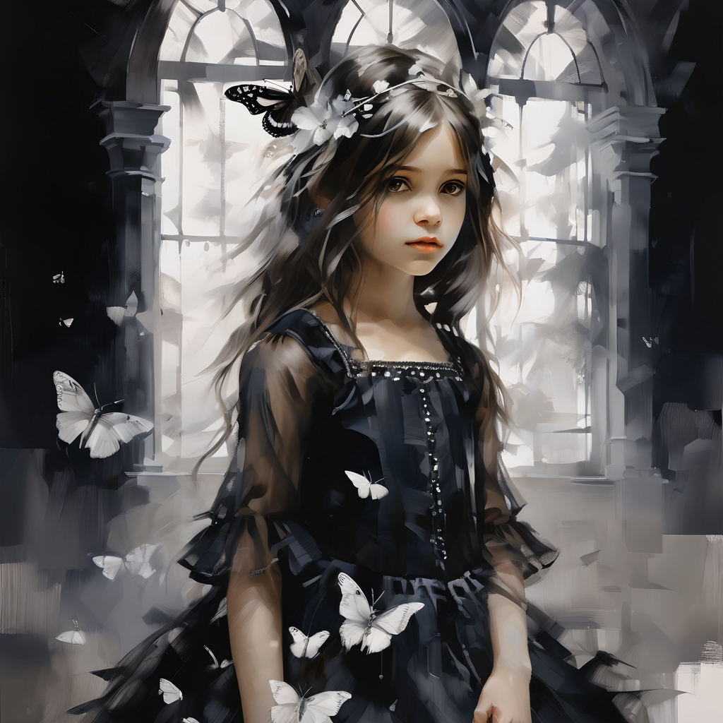 masterpiece.((black background)),greyscale,black and white,
(solo),((an extremely delicate and beautiful monochrome girl  sitting on the birdcage)),((extremely detailed eyes and face)) with (black long hair) with (flutter hair) with (headdress) with (expressionless) with (full organdy dress)<glod and silvery embroidery>+(butterfly wings) with (tiny breasts).from side.,
flowing black.(floating petal).,
oil and watercolor painting,<lora:oil_and_watercolor_painting:0.85>,
