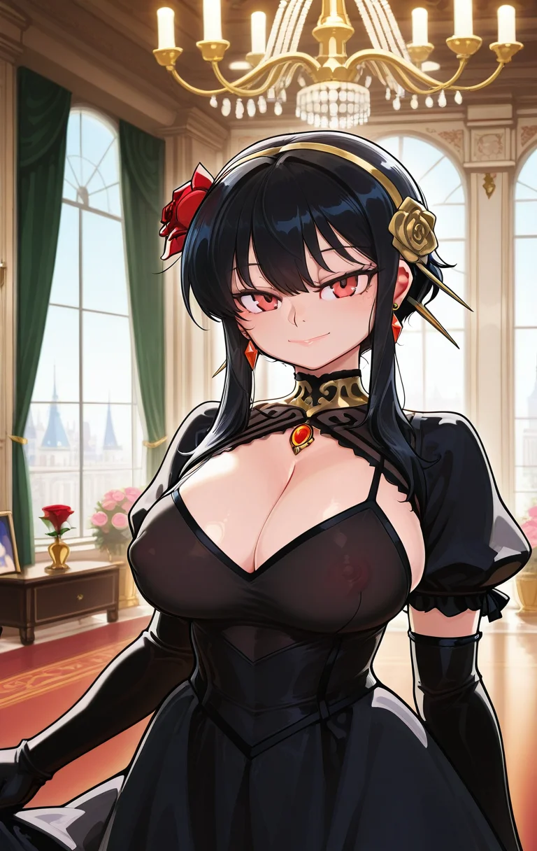(score_9,score_8_up:1.1),score_7_up, high quality,
Wienergens_AI, 1girl, breasts, dress, gloves, black dress, large breasts, black gloves, elbow gloves, red eyes, solo, black hair, earrings, chandelier, gold hairband, flower, jewelry, smile, hairband, indoors, covered nipples, looking at viewer, hair flower, cleavage, spikes, rose, hair ornament, sidelocks, short hair with long locks, window, closed mouth