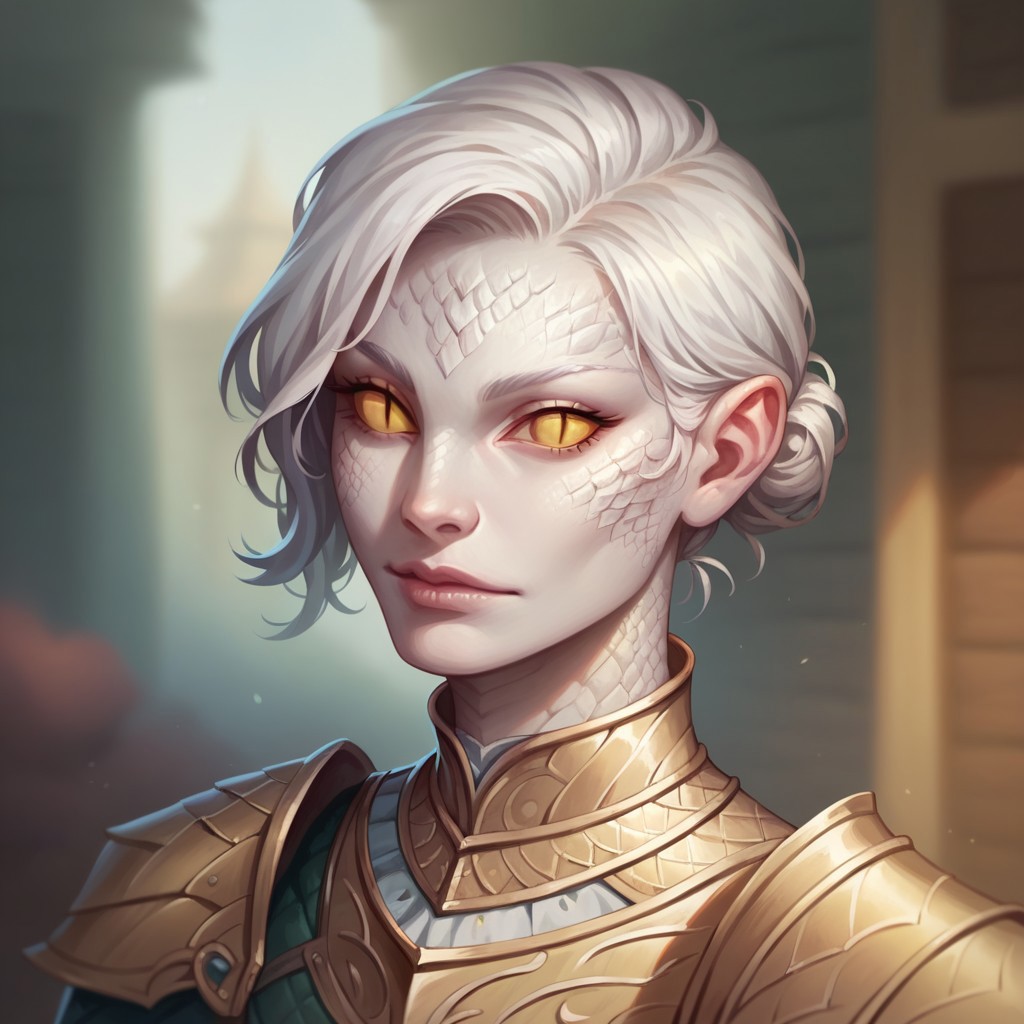 (((detailed, beautiful, high quality))), score_9, score_8_up, score_7_up, solo, upper body,
yuanti, slit pupils, pointed ears,
1girl, female focus, yellow eyes, white skin, scales, white hair, armor,
looking at viewer, posing,
fantasy background, blurred background,