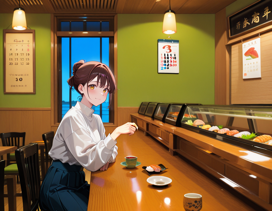 score_9, score_8_up, score_7_up, anime, solo, 1girl, one girl, 
general,
BREAK <lora:nigirizushi:1.0>, nigirizushi, food, Holding sushi in hand, 
indoors, chair, window, japanese restaurant, counter, showcase, omakase, sushi plate, calendar (object), cup, soy sauce, saucer,
 (masterpiece:1.3), best quality, high resolution, unity 8k wallpaper, (illustration:1.2), 8K,