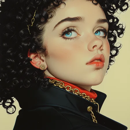 <lora:Hyperdetailed_Colored_PencilSDXL:1> ArsMJStyle, Colored pencil hyperdetailed realism, The image is a close-up portrait of a young woman's face. She has dark curly hair that is styled in loose curls and falls over her shoulders. Her eyes are looking off to the side with a thoughtful expression. She is wearing a black coat with a red collar and a gold chain around her neck. The background is a pale yellow color. The overall style of the image is reminiscent of a vintage or retro illustration., 1girl, solo, high collar, black hair, parted lips, blue eyes, jewelry, curly hair, looking at viewer, portrait
