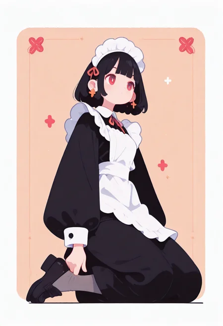 masterpiece, best quality, amazing quality, absurdres, newest, 1girl, solo, black hair, bobcut, red eyes, blunt bangs, tight gossamer very short victorian black maid dress, maid apron, 
medieval pastel tavern background with thick white border,
popping out of background, full body, from below, kneeling on one knee, windy, dynamic pose, grey tights, skinny upper body, matte black tights, thick black tights, loafers, [skinny upper body], translucent skin, [[chubby thick legs]], bottom heavy,
skindentation, thick ankles, 
ultra-realistic, Flatline, Flat vector illustration, haiz_ai, no lineart, no outline,
pplegs,  
<lora:haiz_ai_illu:0.8> <lora:flatline:1.65>  <lora:ponyv6_noobE11_2_adamW:0.25>  <lora:Slider-LimbWidth:1.5> <lora:Slider-LegLength:-1.5> <lora:v0.04_Concept_pony:0.29>