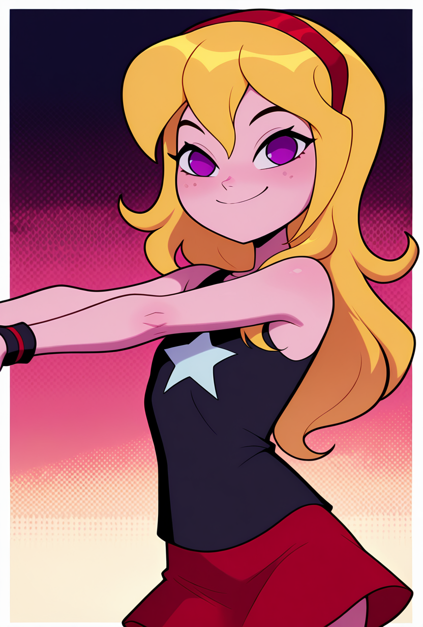 <lora:lucysmall:1> lucysmall, solo, long hair, blonde hair, red hairband, black shirt, sleeveless, flat chest, star (symbol), purple eyes , tank top, wristband, miniskirt, red skirt, dynamic pose, looking at viewer, smile,, masterpiece, best quality, amazing quality, very aesthetic, absurdres, newest,, upper body, halftone effect, white borders, abstract background:1.2,