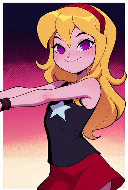 <lora:lucysmall:1> lucysmall, solo, long hair, blonde hair, red hairband, black shirt, sleeveless, flat chest, star (symbol), purple eyes , tank top, wristband, miniskirt, red skirt, dynamic pose, looking at viewer, smile,, masterpiece, best quality, amazing quality, very aesthetic, absurdres, newest,, upper body, halftone effect, white borders, abstract background:1.2,