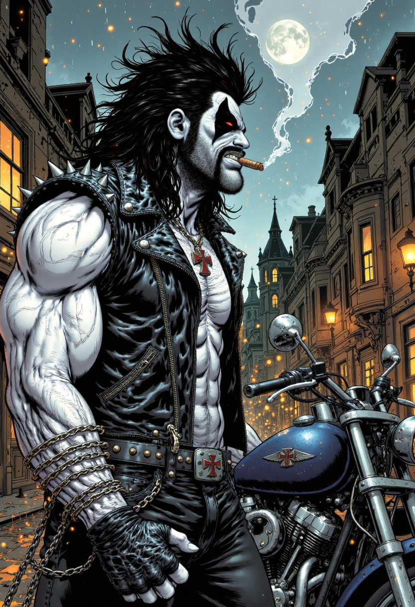 comic style picture of L0b0Dc man smoking a cigar, A muscular anti-hero character stands confidently in a rain-soaked urban street at night, exuding a rebellious aura. His striking appearance features wild, unkempt black hair and pale skin. Adorned in a sleeveless, spiked leather vest, he displays prominent muscles and a fearsome demeanor. A cigarette hangs from his mouth, adding to his edgy persona. The background reveals an atmospheric cityscape featuring gothic architecture, illuminated by flickering streetlights and soft moonlight. The cobblestone street reflects various hues, primarily deep blues and silvers, while hints of warm amber from the lights cast an inviting glow. Next to him stands a sleek, black motorcycle, emphasizing his rugged style and adventurous spirit. The overall aesthetic is hyper-realistic, with dramatic contrasts and a moody ambiance that heightens the sense of danger and allure., f4nt4st1c<lora:CustomFlux/L0b0Dc.safetensors:0.9500000000000001:0.9500000000000001> <lora:Flux/Fantastic Realism - s0_8 g4.safetensors:0.7000000000000001:0.7000000000000001>