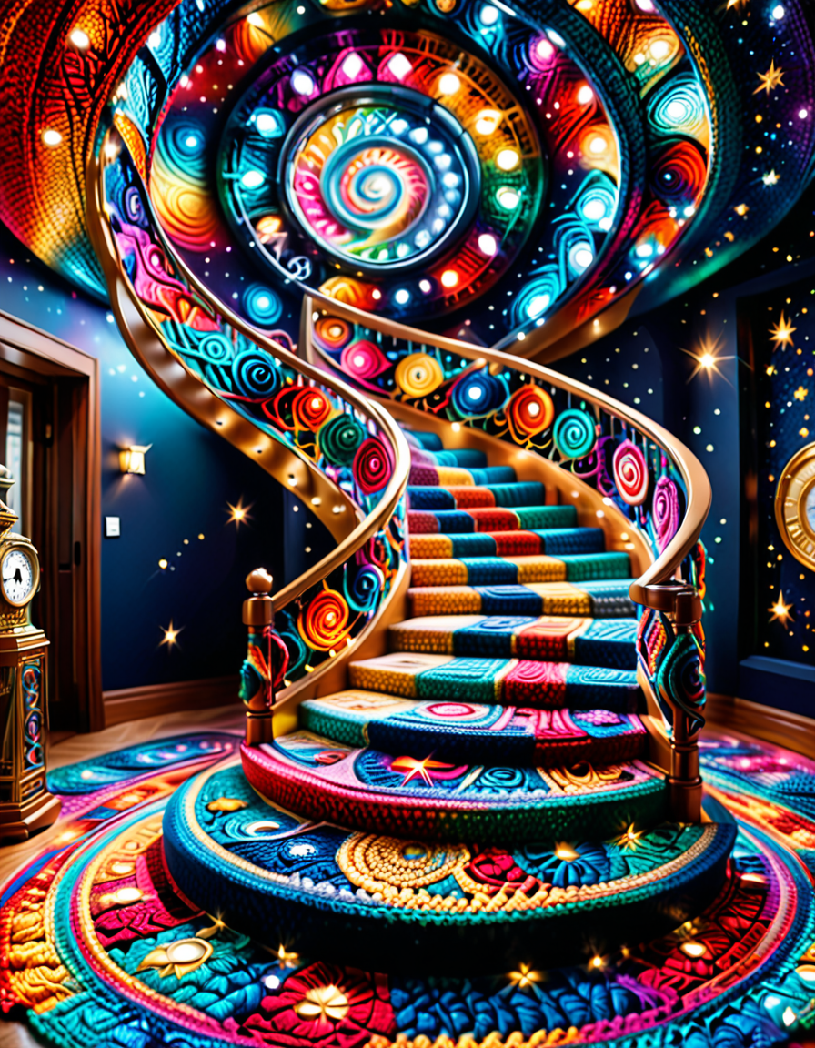 A spiral staircase fully crocheted, ascending into a seemingly infinite, empty room; each step adorned with cosmic patterns like galaxies, clocks, and outstretched hands; vibrant LED lights accentuate the details; reflective mirrors create an illusion of endlessness; surreal, contemplative, mesmerizing yet unsettling. <lora:SDXLFaeTastic2400:0.4> <lora:extremely_detailed:0.4> extremely detailed, <lora:cr0ch3t3d:1>,cr0ch3t3d, Masterpiece,best quality,hi res,8k,hi res,8k,award winning,(sharp focus, intricate, highly detailed),