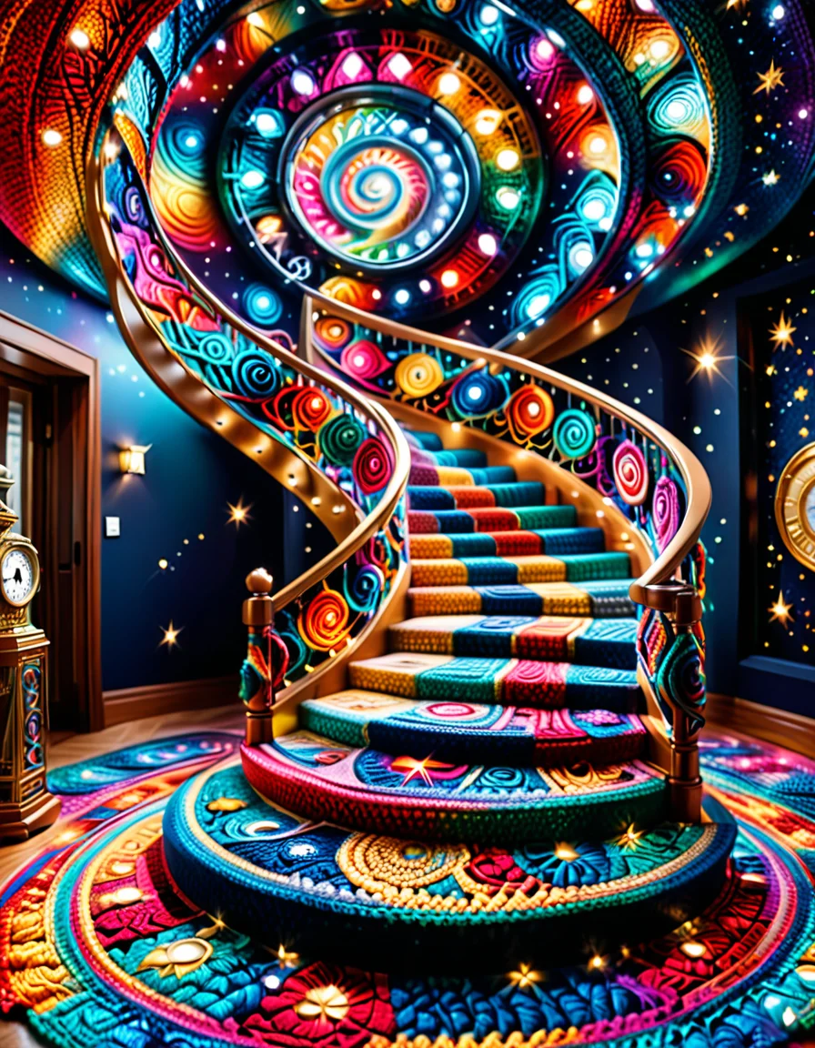 A spiral staircase fully crocheted, ascending into a seemingly infinite, empty room; each step adorned with cosmic patterns like galaxies, clocks, and outstretched hands; vibrant LED lights accentuate the details; reflective mirrors create an illusion of endlessness; surreal, contemplative, mesmerizing yet unsettling. <lora:SDXLFaeTastic2400:0.4> <lora:extremely_detailed:0.4> extremely detailed, <lora:cr0ch3t3d:1>,cr0ch3t3d, Masterpiece,best quality,hi res,8k,hi res,8k,award winning,(sharp focus, intricate, highly detailed),