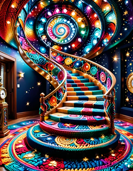 A spiral staircase fully crocheted, ascending into a seemingly infinite, empty room; each step adorned with cosmic patterns like galaxies, clocks, and outstretched hands; vibrant LED lights accentuate the details; reflective mirrors create an illusion of endlessness; surreal, contemplative, mesmerizing yet unsettling. <lora:SDXLFaeTastic2400:0.4> <lora:extremely_detailed:0.4> extremely detailed, <lora:cr0ch3t3d:1>,cr0ch3t3d, Masterpiece,best quality,hi res,8k,hi res,8k,award winning,(sharp focus, intricate, highly detailed),