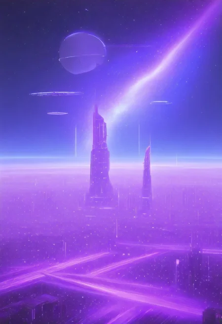 High quiality, high resolution, high definition,
Magical city with skyscrapers, a planet with purple colors and lines that emit white light surrounded by a planet ring, with the view from behind a cat looking towards the city, citybkg, anime style, high ilumination, galaxy sky, calid colours, spacial station