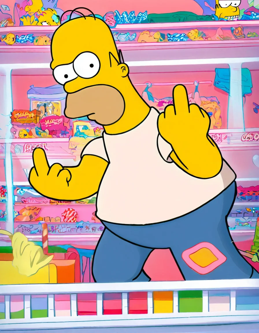 homer_simpsons, man, white shirt, blue pants, looking at viewer, middle finger, in candy shop, masterpiece, best quality, solo,
<lora:the_simpsons:1>