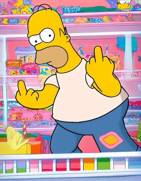 homer_simpsons, man, white shirt, blue pants, looking at viewer, middle finger, in candy shop, masterpiece, best quality, solo,
<lora:the_simpsons:1>