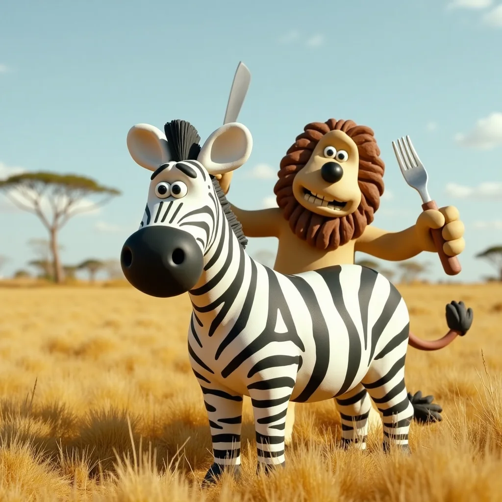 a claymation animation of a fat zebra in the african plain, behind him is a lion holding a knife and fork