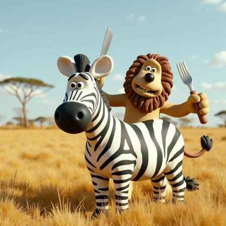 a claymation animation of a fat zebra in the african plain, behind him is a lion holding a knife and fork