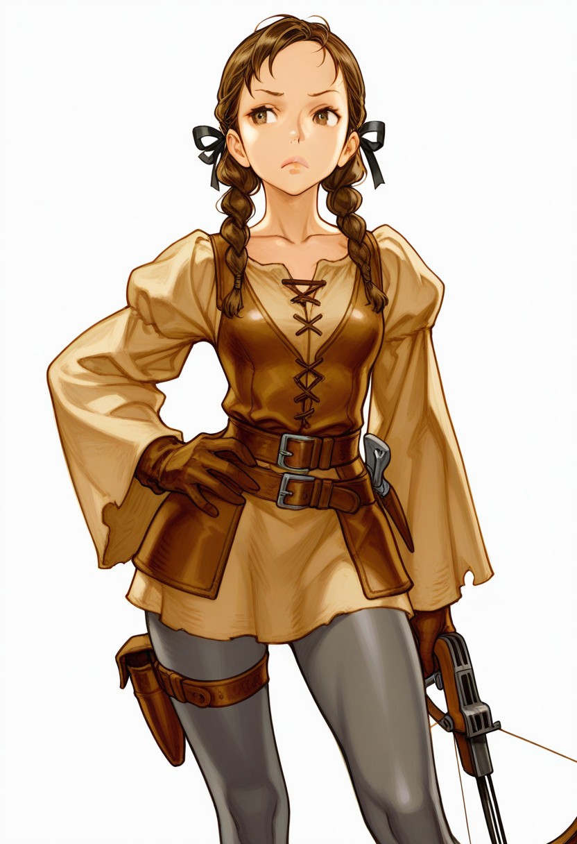 masterpiece, best quality, very aesthetic, absurdres, 
1girl, cowboy_shot, solo, vanillaware, medieval, arbalist, brown_eyes, brown_hair, braided_hair_rings, collarbone, lips, hair_ribbon, black_ribbon, light_brown_shirt, long_sleeves, wide_sleeves, chest_guard, leather_gloves, leather_belt, multiple_belts, faulds, grey_leggings, thigh_strap, poleyn, shoes, brown_footwear, holding_crossbow, crossbow_bolt, standing, hand_on_own_hip, looking_at_viewer, sideways_glance, closed_mouth, frown, legs_apart, simple_background, white_background, 
NishimuraXL,