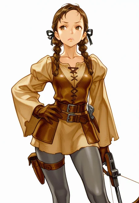masterpiece, best quality, very aesthetic, absurdres, 
1girl, cowboy_shot, solo, vanillaware, medieval, arbalist, brown_eyes, brown_hair, braided_hair_rings, collarbone, lips, hair_ribbon, black_ribbon, light_brown_shirt, long_sleeves, wide_sleeves, chest_guard, leather_gloves, leather_belt, multiple_belts, faulds, grey_leggings, thigh_strap, poleyn, shoes, brown_footwear, holding_crossbow, crossbow_bolt, standing, hand_on_own_hip, looking_at_viewer, sideways_glance, closed_mouth, frown, legs_apart, simple_background, white_background, 
NishimuraXL,