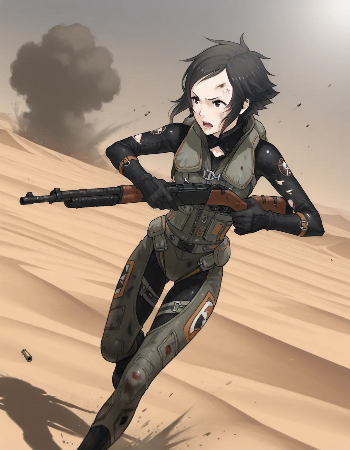 <lora:nagase-kei-shattered-illustrious-000015:0.9> n4g4s3ke1, gloves, pilot suit
1girl, solo, running, desert, battle, dynamic, battle damage, pump action, shell casing, dust cloud, masterpiece, best quality
