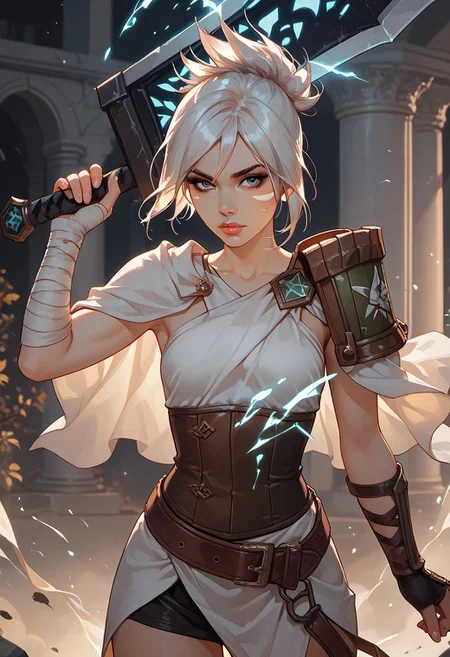 masterpiece,best quality, highly detailed, score_9, score_8_up, score_7_up, score_6_up, score_5_up, score_4_up, solo, rvn, white hair, short hair, ponytail, rvn, short hair, ponytail, facial mark, eyeshadow, top, criss-cross halter, single pauldron, shoulder armor, single glove, bandaged arm, corset, belt, skirt, single greave, (huge weapon, sword, broken weapon, magic), Expressiveh, 30yo, adult lustful confident woman, petite, slender body, perky saggy natural breasts, full lips, bangs, sidelocks, straps,
chinese magical sorceress, animated, swirling magic, wisps of magic, dancing pose, tight squeezed outfit, magical accessories, evoking motion, conveying motion, dynamic splash art