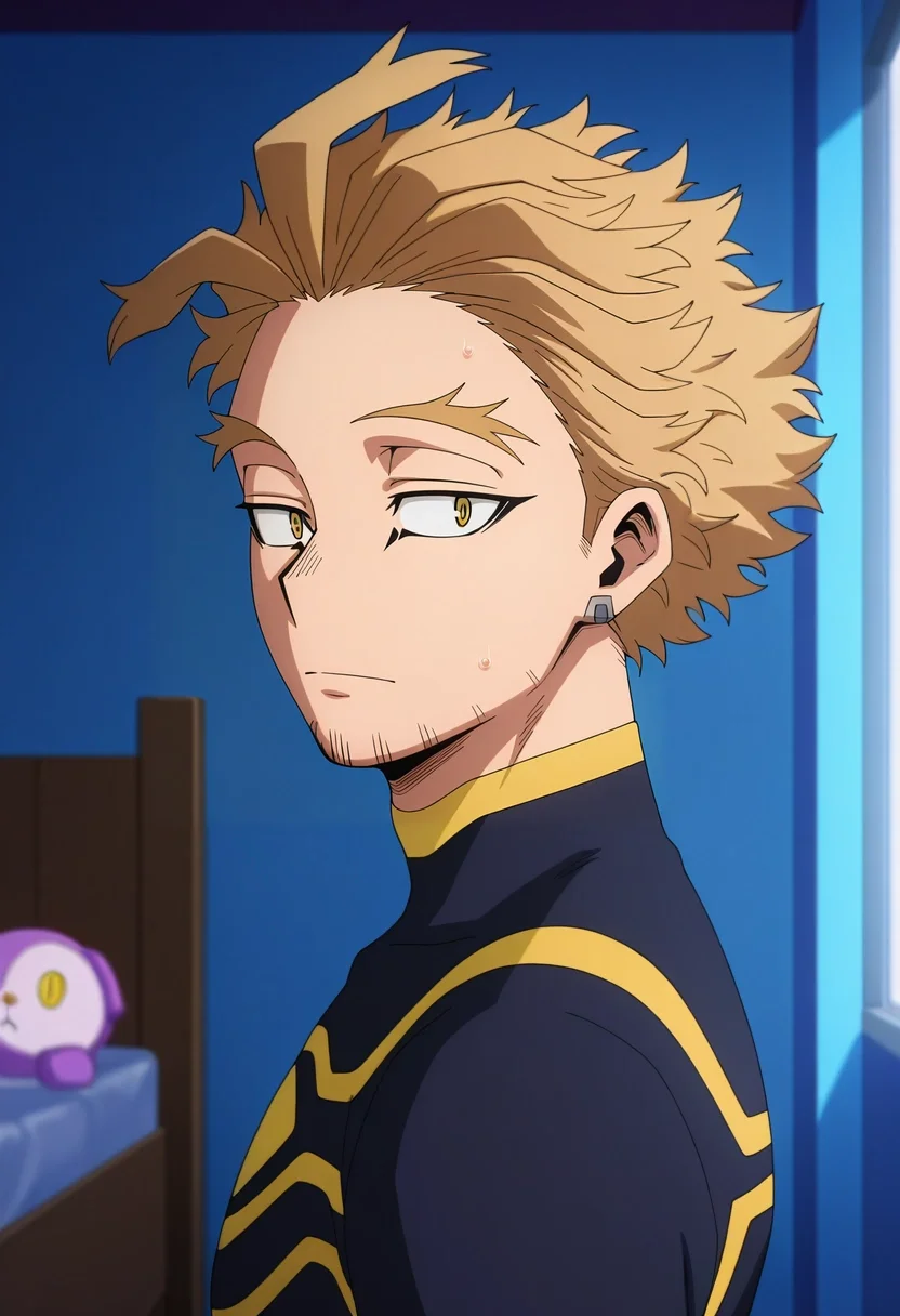 masterpiece, best quality, , anime screencap, anime coloring, , , 1boy, solo, male focus, <lora:keigo_takami_ilxl:0.92>, keigo_takami, hawks \(boku no hero academia\), blonde hair, yellow eyes, short hair, facial hair, stubble, , from side, bedroom, (plush), dawn, arms at sides, nervous,