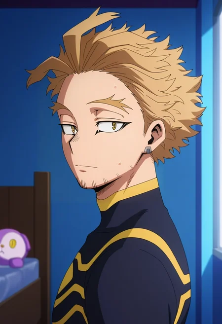 masterpiece, best quality, , anime screencap, anime coloring, , , 1boy, solo, male focus, <lora:keigo_takami_ilxl:0.92>, keigo_takami, hawks \(boku no hero academia\), blonde hair, yellow eyes, short hair, facial hair, stubble, , from side, bedroom, (plush), dawn, arms at sides, nervous,