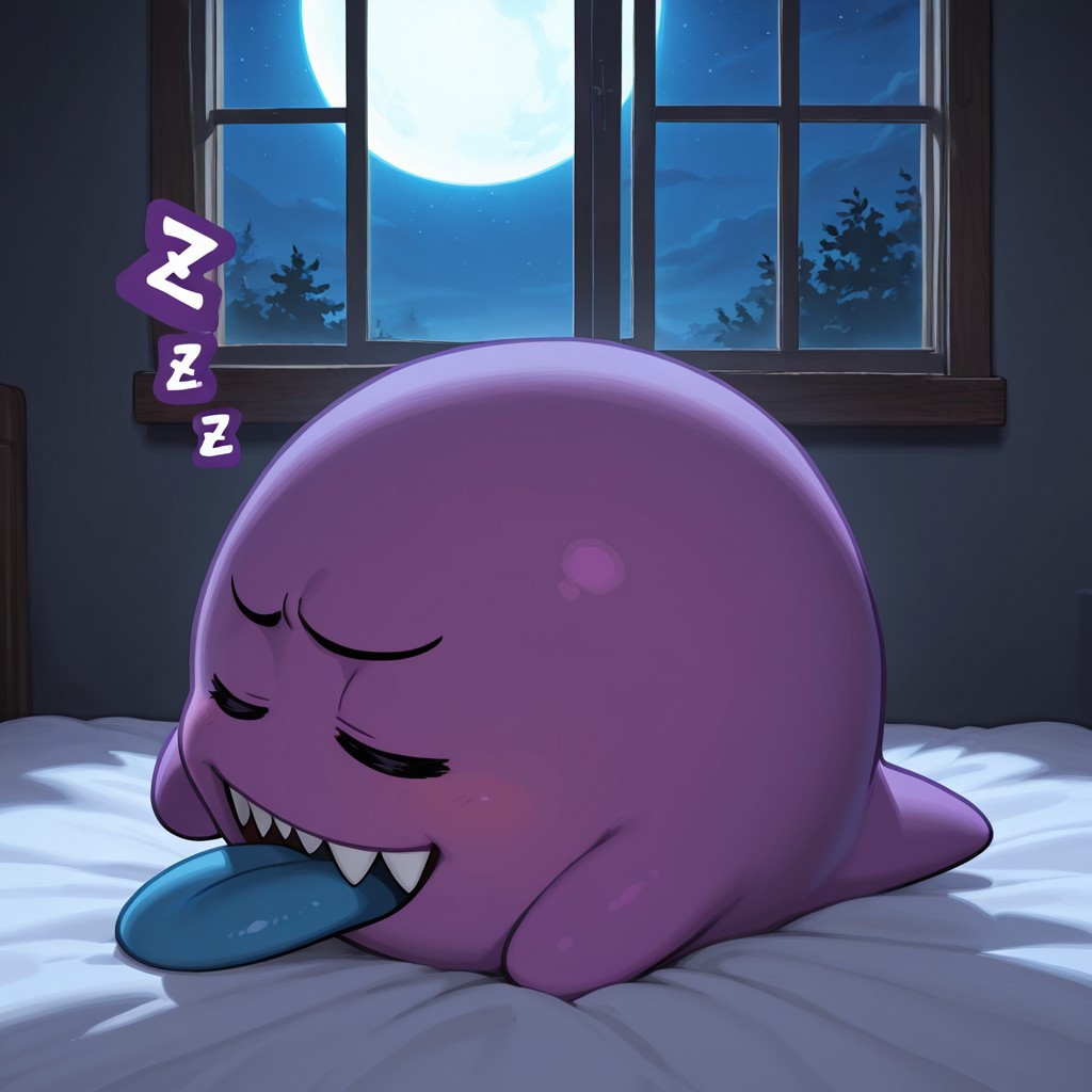 2d, solo, Boo,  dark boo, feral, Ghost, Ball ghost, purple body, legless, featureless hands, black eyes, no sclera, sharp teeth, blue tongue, tongue out, 
BREAK indoors, on bed, eyes closed, ZZZ, night, window, moonlight, dark environment 
BREAK best quality, amazing quality, very aesthetic, absurdres, newest, masterpiece, high quality