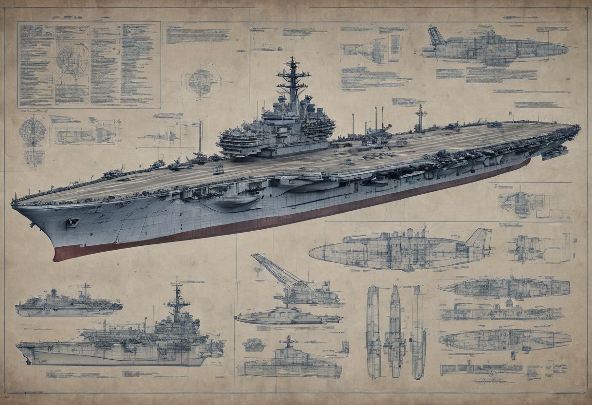 construction plan with blue thin lines for a huge aircraft carrier sketch style high def,  with instructions and descrption of each parts