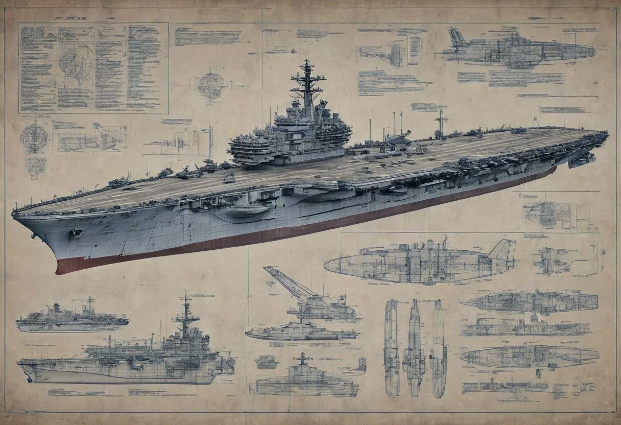 construction plan with blue thin lines for a huge aircraft carrier sketch style high def, with instructions and descrption of each parts