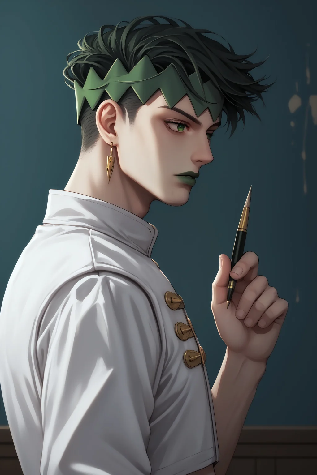 score_9, score_8_up, score_7_up, masterpiece, 4k, high quality, solo, best quality, 1boy, imtdrohank. from side, upper body, eye focus, close up, amazing and artistic portrait, looking side, holding pen, jewelry, earrings, headband, green eyes, black hair, green hair, midriff, green lips, lipstick, belt, crop top, undercut, white pants, fit body, artistic room, room full of pictures and paintings, wall stained with paint, dirty and messy room