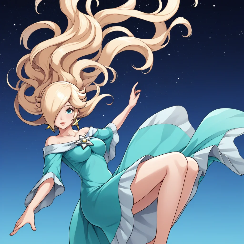 score_9, score_8_up, score_7_up, score_6_up, score_5_up, score_4_up, zPDXL2,source_anime,rating_questionable,1girl, looking at viewer, floating, starry background, Rosalina, long blue dress, lounging, <lora:Floating_Hair:0.8> fl0athair, floating hair,