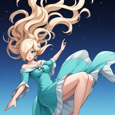 score_9, score_8_up, score_7_up, score_6_up, score_5_up, score_4_up, zPDXL2,source_anime,rating_questionable,1girl, looking at viewer, floating, starry background, Rosalina, long blue dress, lounging, <lora:Floating_Hair:0.8> fl0athair, floating hair,