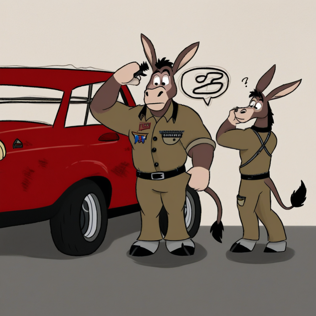 A older manly anthro donkey, scratching his head, looking at a broken down car, mechanic outfit, confused expression, garage