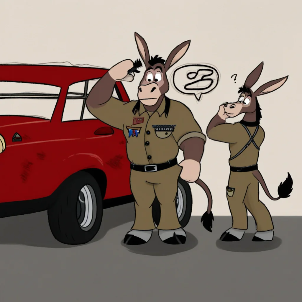 A older manly anthro donkey, scratching his head, looking at a broken down car, mechanic outfit, confused expression, garage
