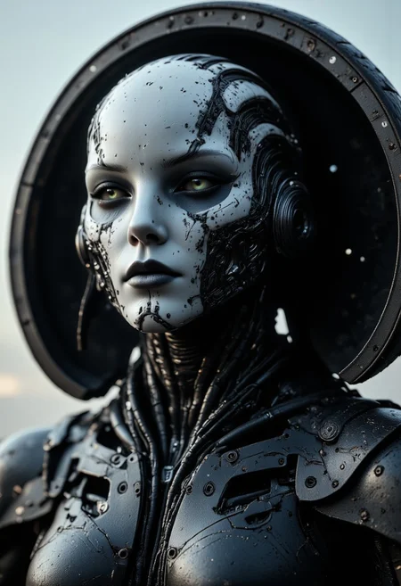 A surreal, bleak portrait of a woman whose head is connected to an alien device through the back of her head by a cable, sits in an anabiosis chair, her face a fusion of organic and mechanical elements in the traditional biomechanical style. A close-up shows a biomechanical mask ingrown into her skin, a grotesque but beautiful fusion of flesh and metal. The mask seems almost alive, made of a nightmarish mixture of organic tissue and cold, industrial materials - wires and cables intertwined with veins and tendons wrapped around her jaw and temples. Metal plates, some rusted, others gleaming, flow seamlessly into her pale, ghostly skin, creating a disturbing but mesmerizing symmetry. Her black hair, tightly tied in a knot, contrasts with the twisted metallic and organic tendrils stretching from the mask, some of them running down her neck. Dark twilight barely illuminates her face, in place of eyes were smooth depressions to give the portrait an elegant horror. The fusion of flesh and machine, organic and metallic creates an unsettling, dystopian beauty where the boundaries between life and technology are blurred. The intricate details of the mask with its alien, otherworldly design convey the dark essence of biomechanical art, and the woman's face is frozen in a moment of suffering