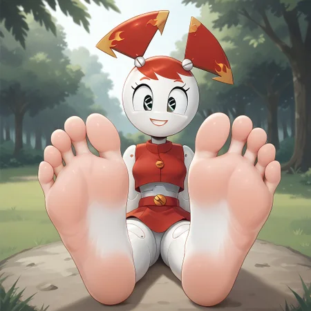 score_9, score_8_up, BREAK, (masterpiece:1.4), (best quality:1.2), solo, perfect anatomy, accurate anatomy, perfect feet, perfect soles, PONYXL_WaifuFeetPics_ownwaifu, solo, Jenny Wakeman, XJ-9, Hot Rod Jenny, female, 1girl, solo, robot girl, red pigtails, flame pattern, red skirt, red tube top, white skin, red lips, black eyes, shiny skin, shiny hair, shiny clothing, sexy pose, self portrait, smile, outdoors, sunlight, shadows, evening lighting, natural lighting, forest, trees, grass, orange sky, sunset, (((sitting, barefoot, foot focus, feet, soles)))