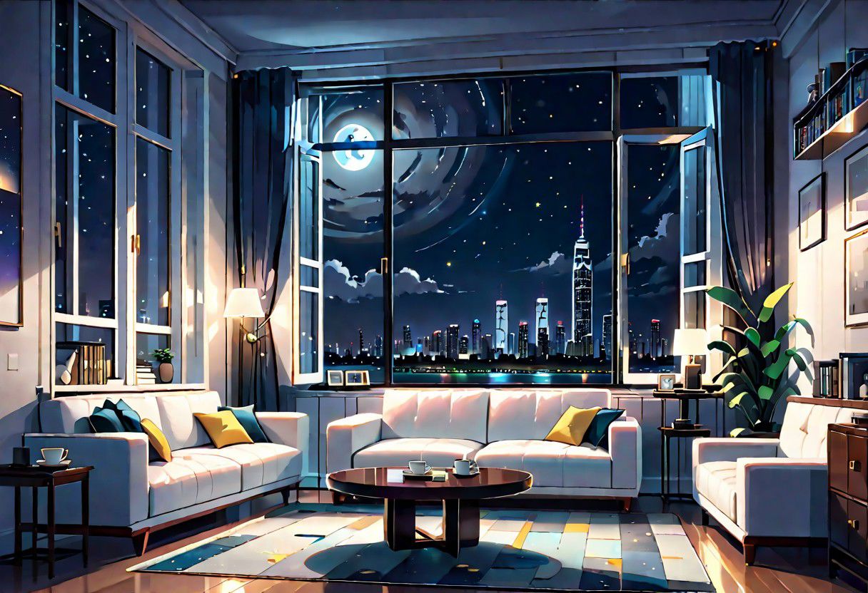 ((front view)), Shallow scene, ((animation style)), modern-style interior, with white walls, (large windows), a  study, Sofa, coffee table, bookcase, single wall, (gloomy room), Turn off the indoor lights , quiet and mysterious night sky, starry sky, moonlight, city night view, (City high-rise building scenery), (City scenery outside the window)